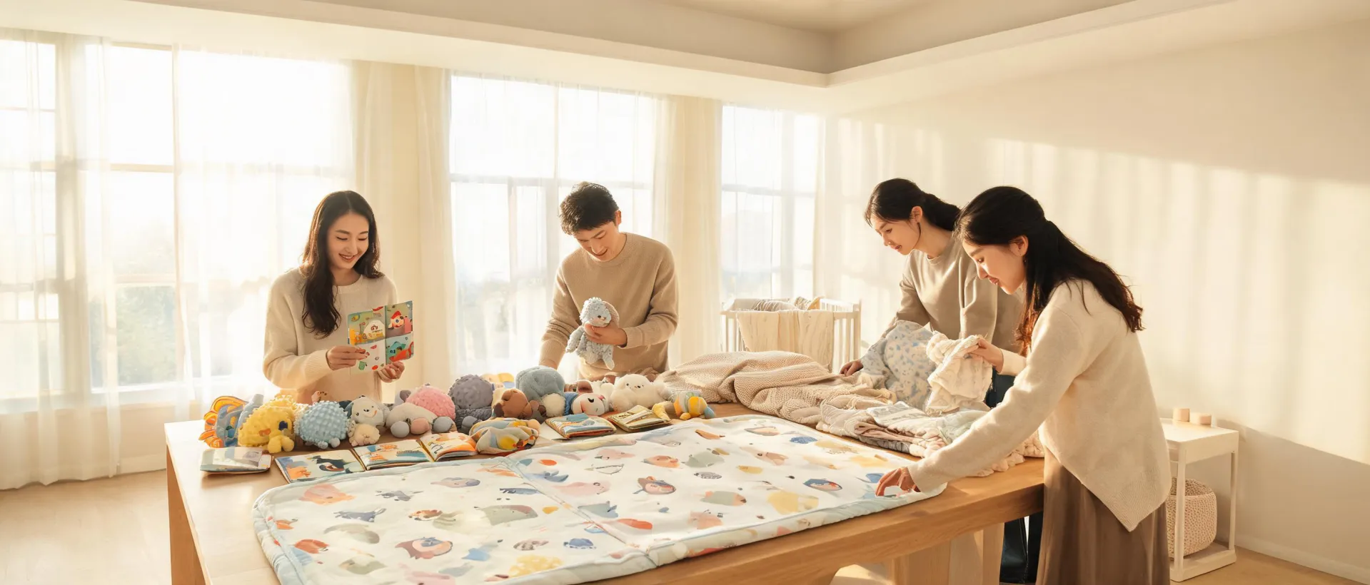 Lamaze team reviewing baby toy samples in a warm studio