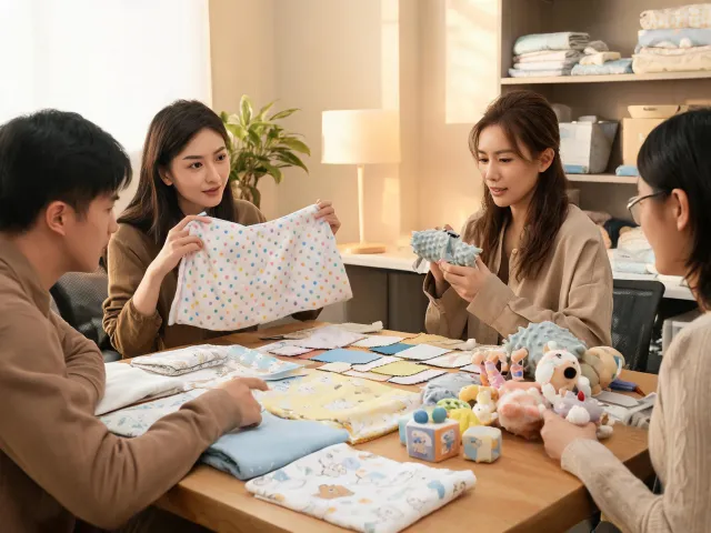 Team discussing Lamaze nursery textile samples