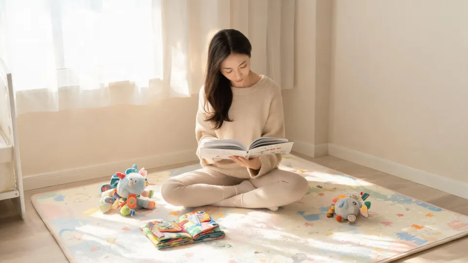 Parent reading baby play tips beside Lamaze toys