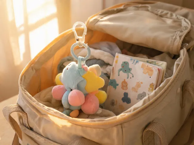 Stroller clip toy and soft book travel pair