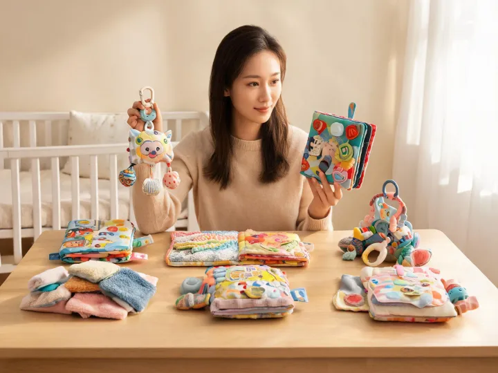 Caregiver comparing Lamaze baby toys by age stage
