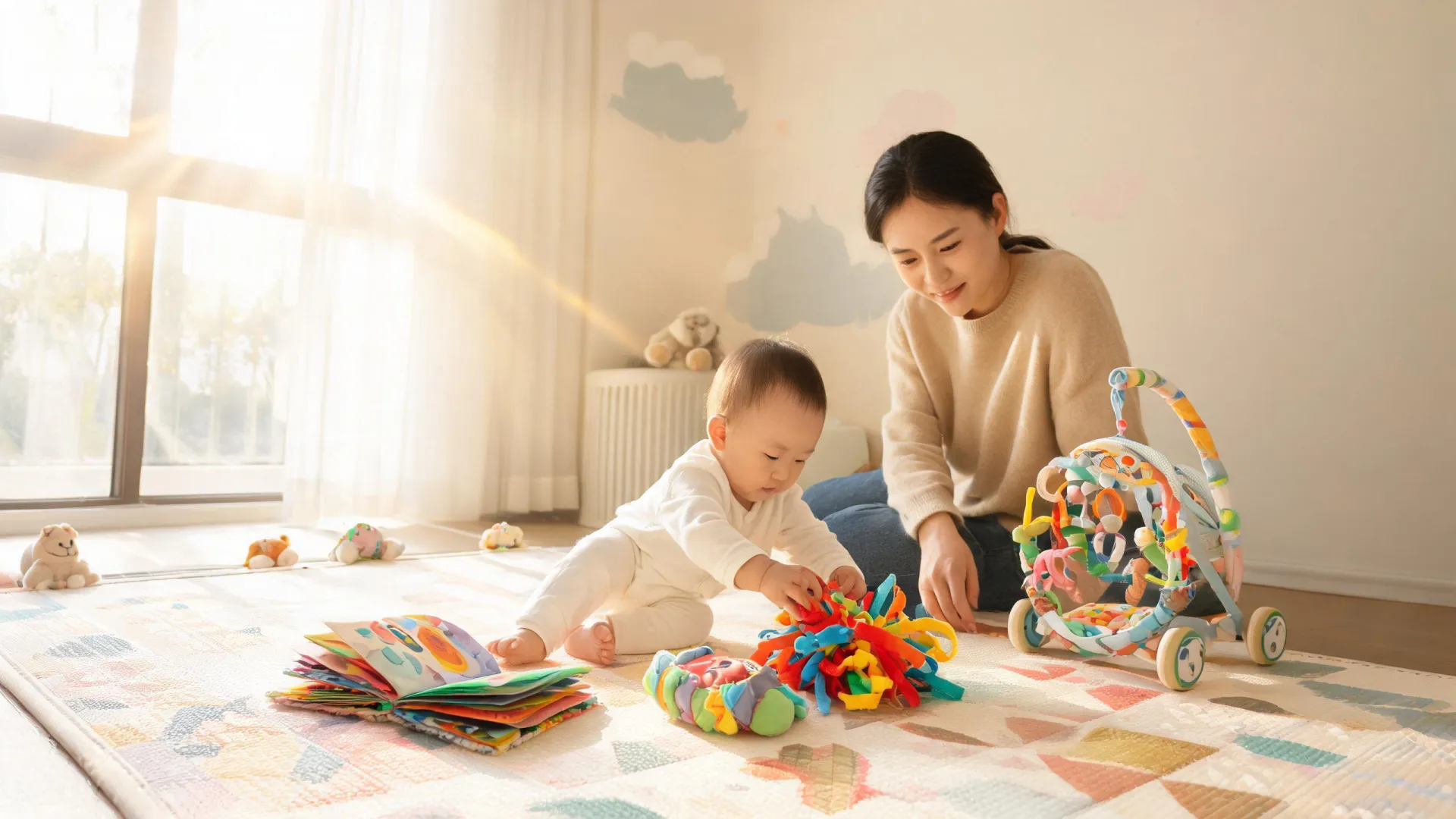 Baby exploring Lamaze soft sensory toys with parent nearby