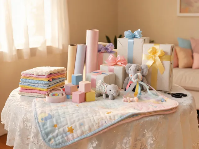 Gift table with Lamaze style baby toys for a shower