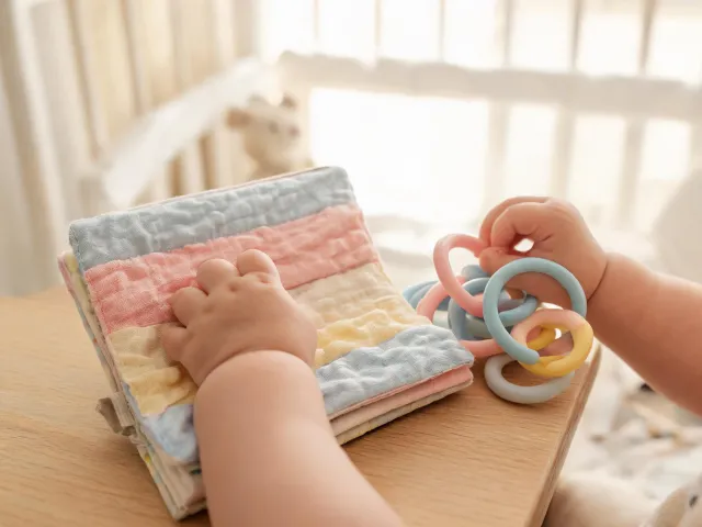 Infant exploring crinkle fabric book and rings